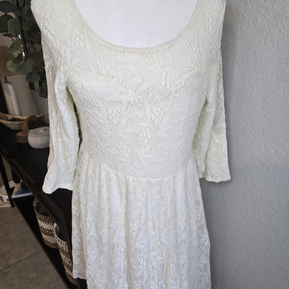 Free People Gypsy Mountain Ivory Lace 3/4 Sleeves Mini Dress Size L - Picture 2 of 10